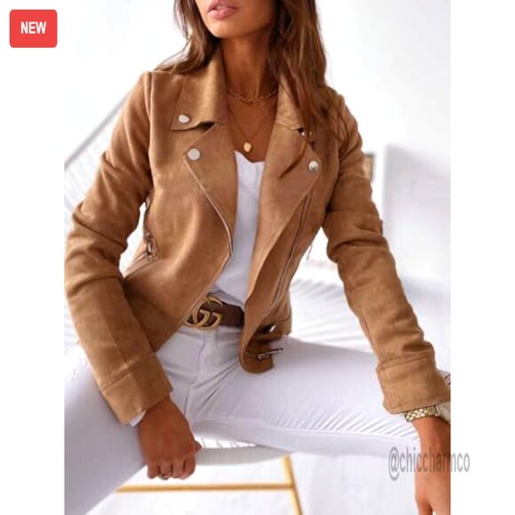 Faux Suede Cropped Jacket Long Sleeve Open Front Lightweight Winter Coat - Picture 5 of 5
